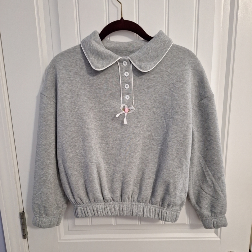Jolie And Joy Girls M 10-12 Soft Gray Collared  Sweatshirt 4 Button Pink Bow